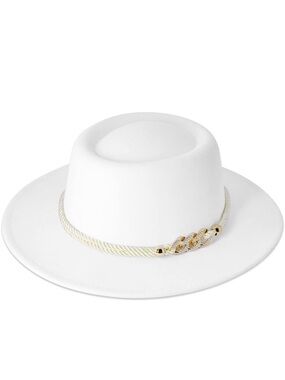 White Wide-Brim Rope Detail Fedora Hat